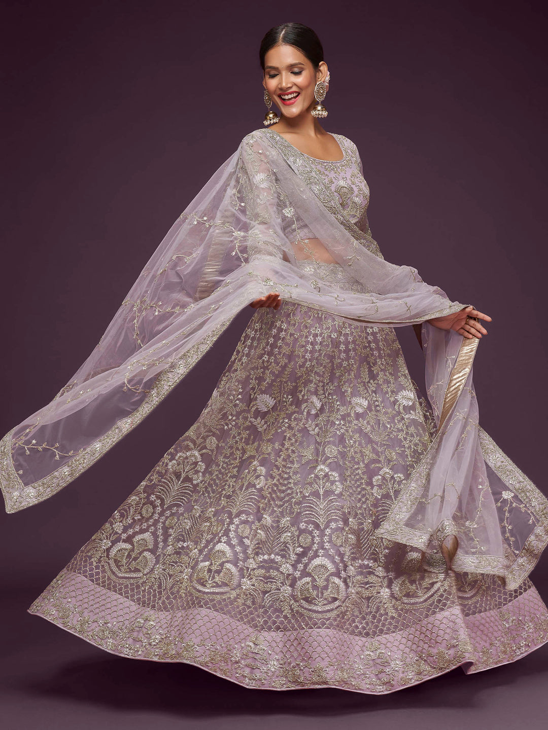 Lavender Net Embroidered Semi Stitched Lehenga Choli with Dupatta