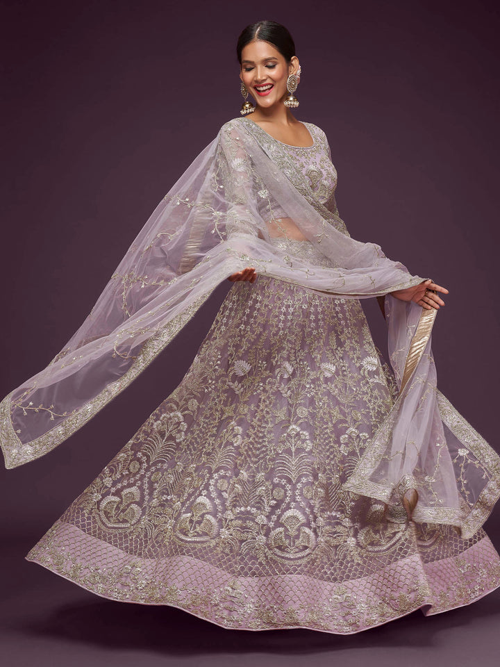 Lavender Net Embroidered Semi Stitched Lehenga Choli with Dupatta