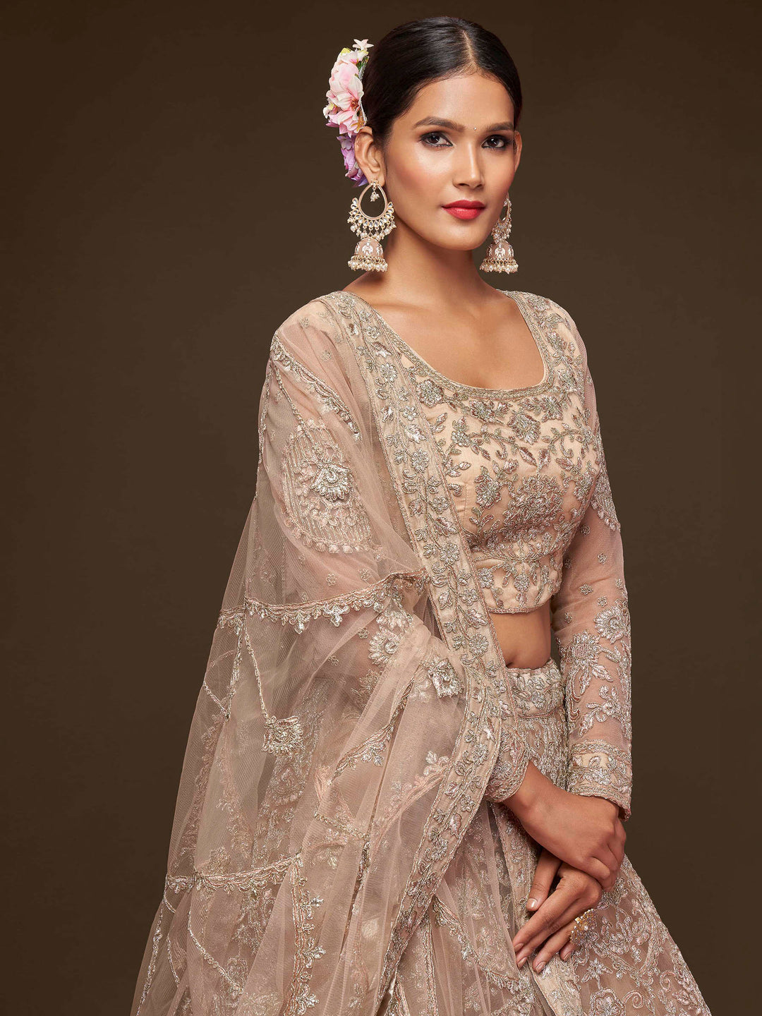 Beige Net Embroidered Semi Stitched Lehenga Choli with Dupatta