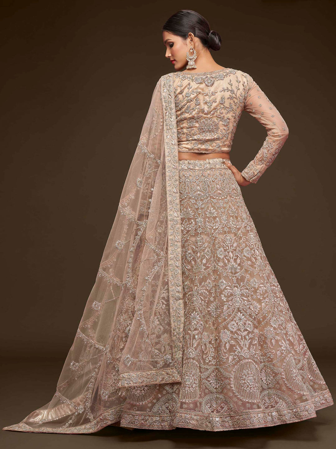 Beige Net Embroidered Semi Stitched Lehenga Choli with Dupatta