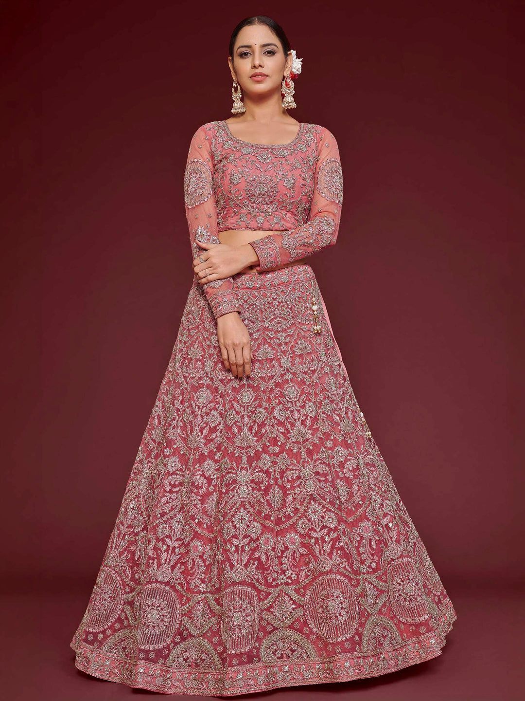Rose Net Embroidered Semi Stitched Lehenga Choli with Dupatta