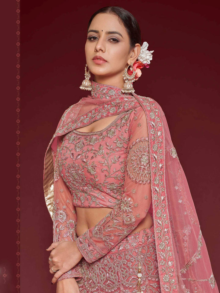 Rose Net Embroidered Semi Stitched Lehenga Choli with Dupatta