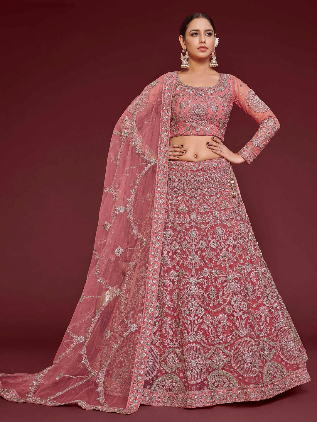 Rose Net Embroidered Semi Stitched Lehenga Choli with Dupatta