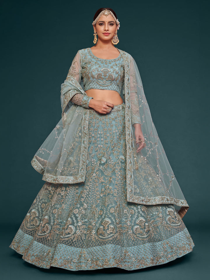 Blue Net Embroidered Semi Stitched Lehenga Choli with Dupatta