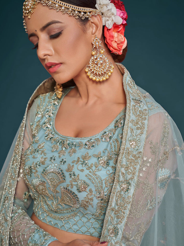 Blue Net Embroidered Semi Stitched Lehenga Choli with Dupatta