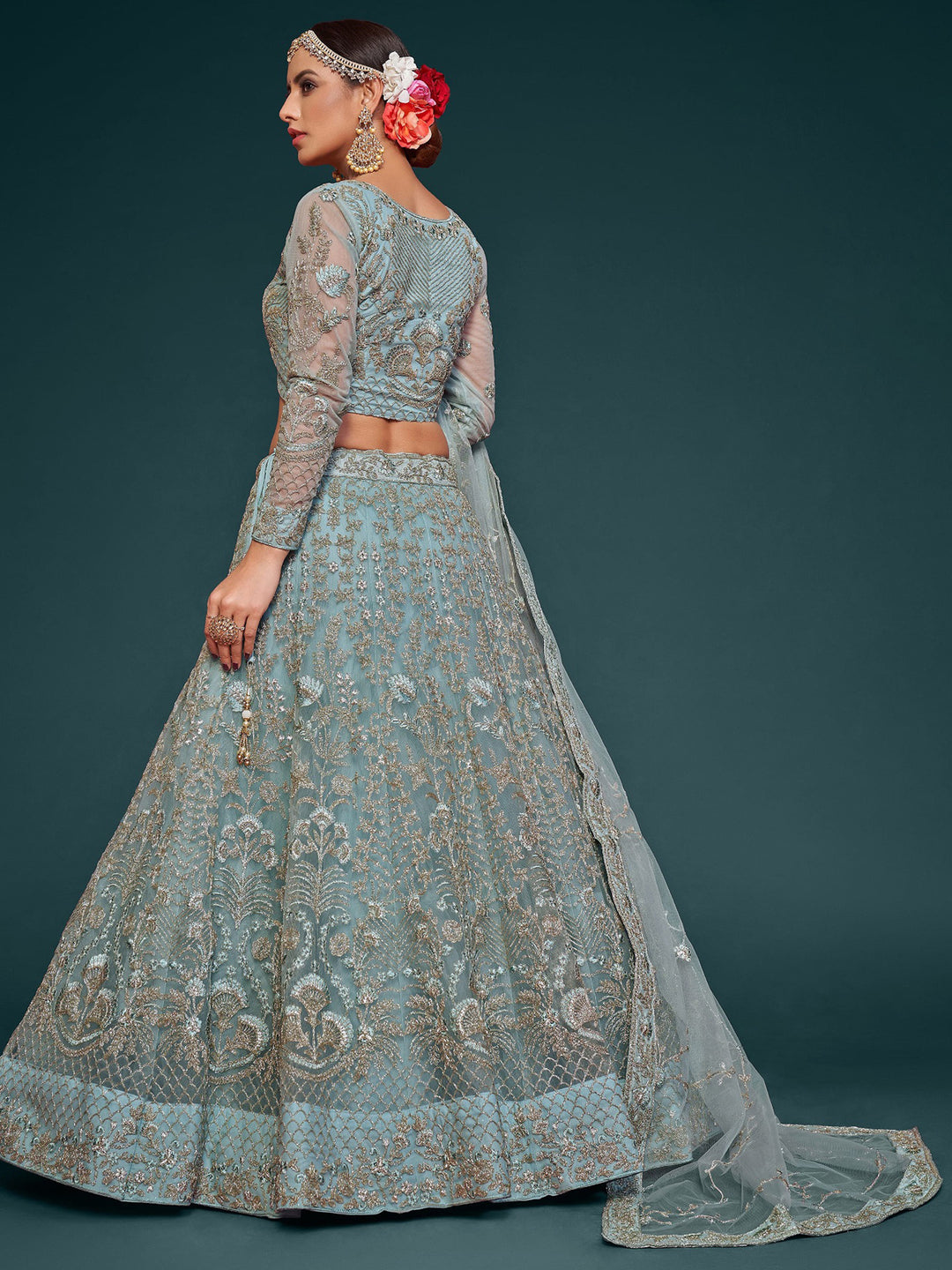 Blue Net Embroidered Semi Stitched Lehenga Choli with Dupatta