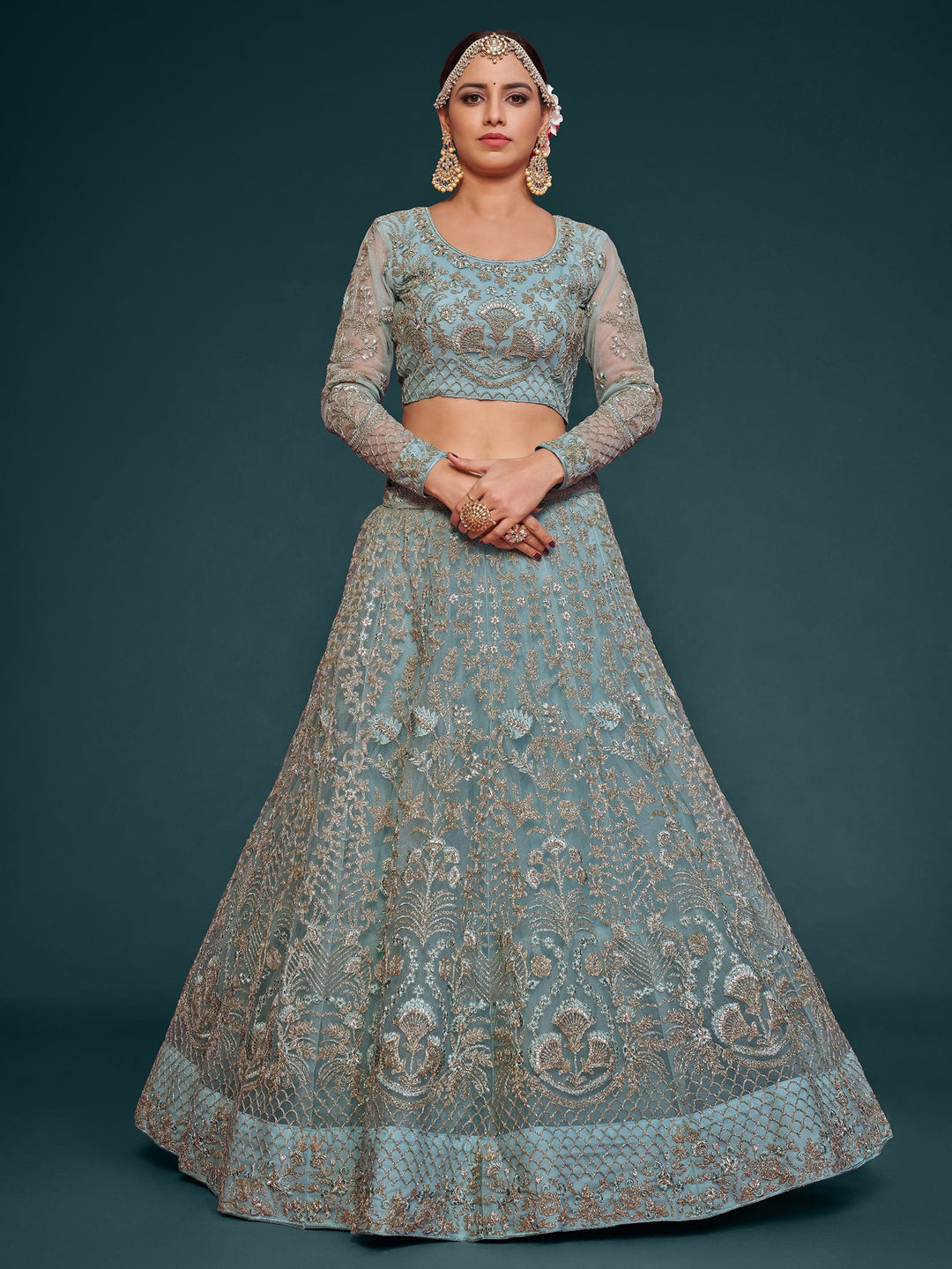 Blue Net Embroidered Semi Stitched Lehenga Choli with Dupatta