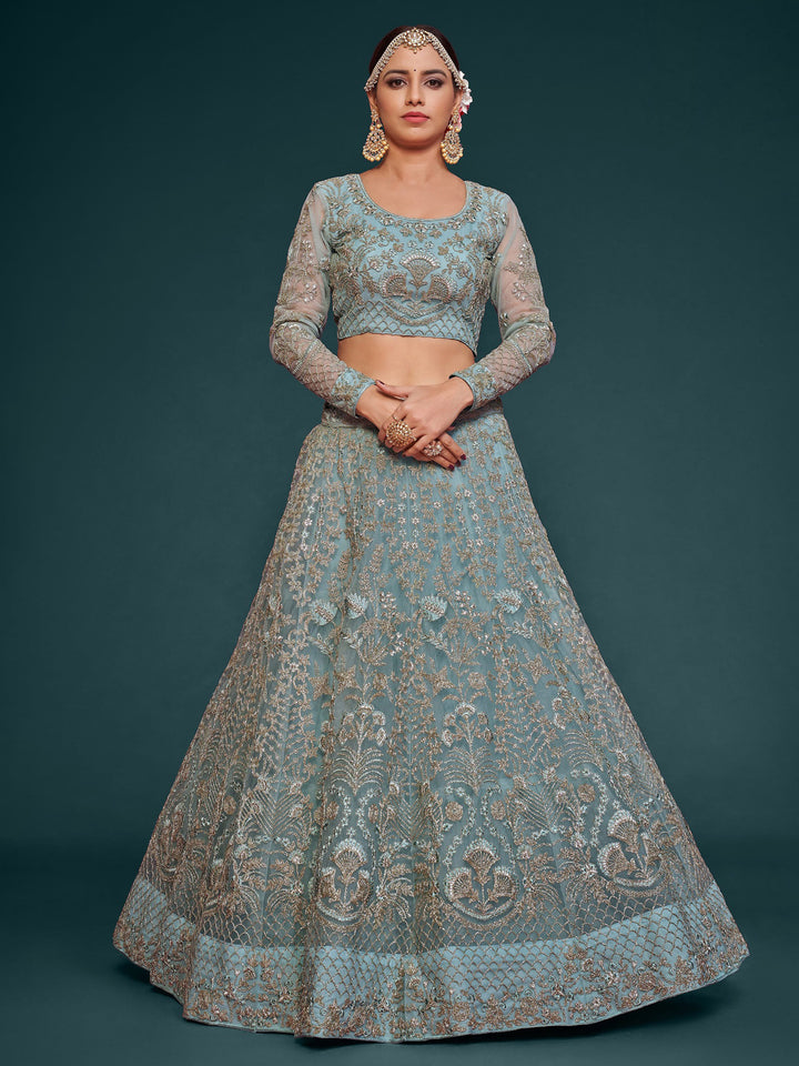 Blue Net Embroidered Semi Stitched Lehenga Choli with Dupatta
