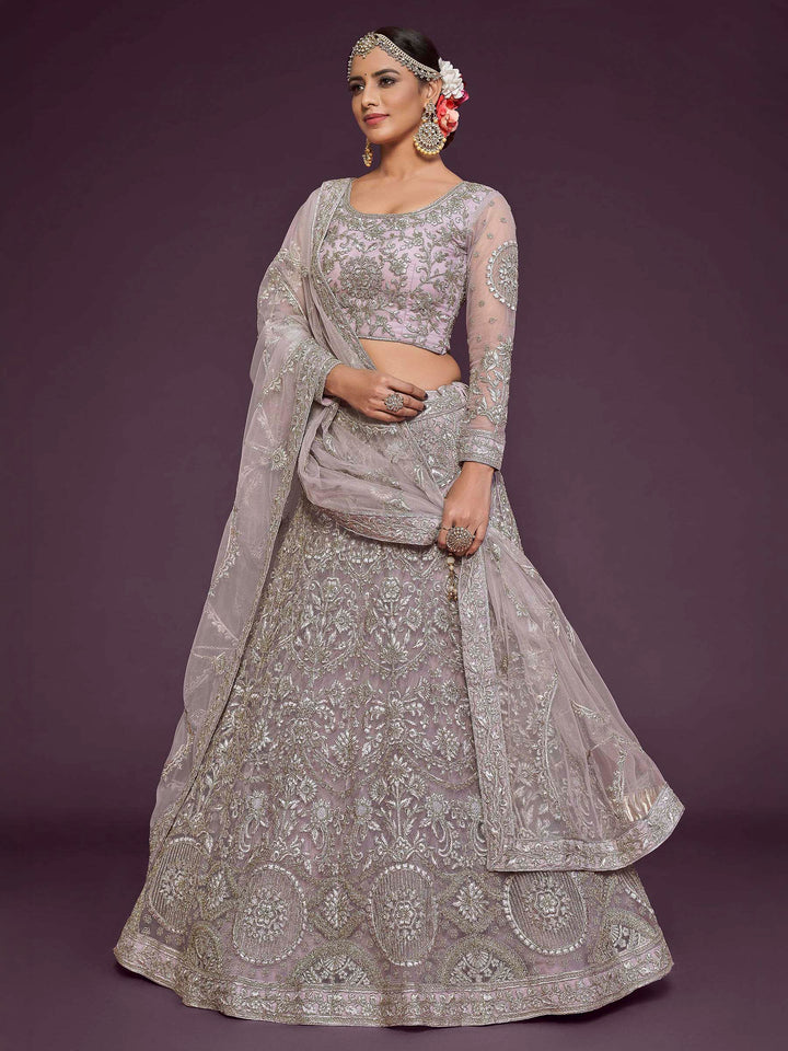Lavender Net Embroidered Semi Stitched Lehenga Choli with Dupatta