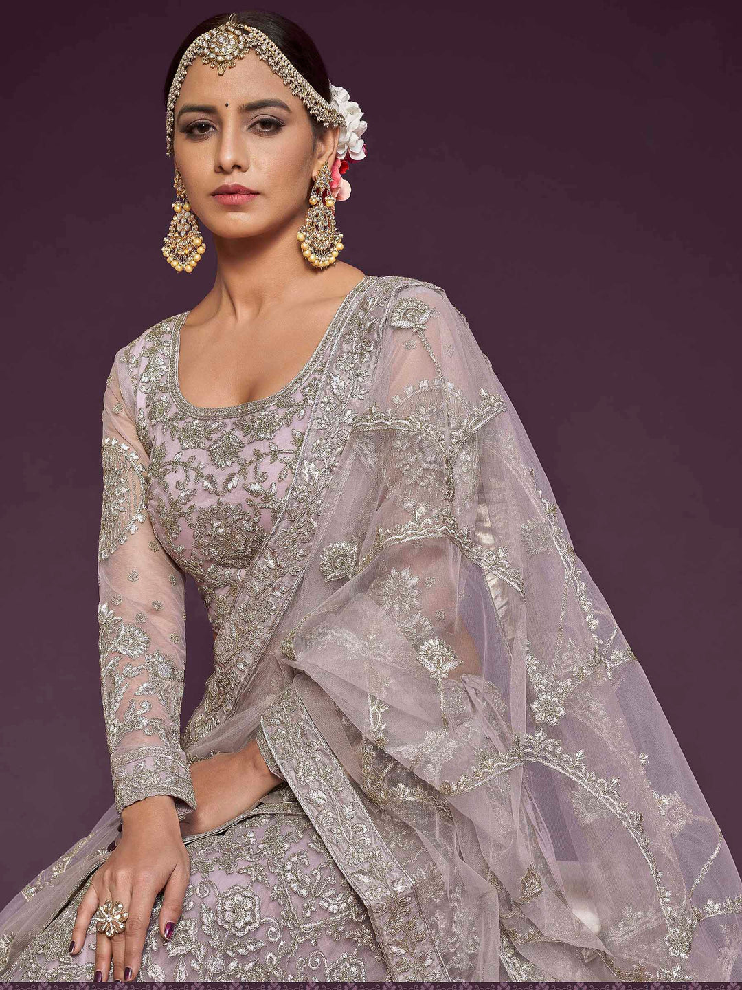 Lavender Net Embroidered Semi Stitched Lehenga Choli with Dupatta