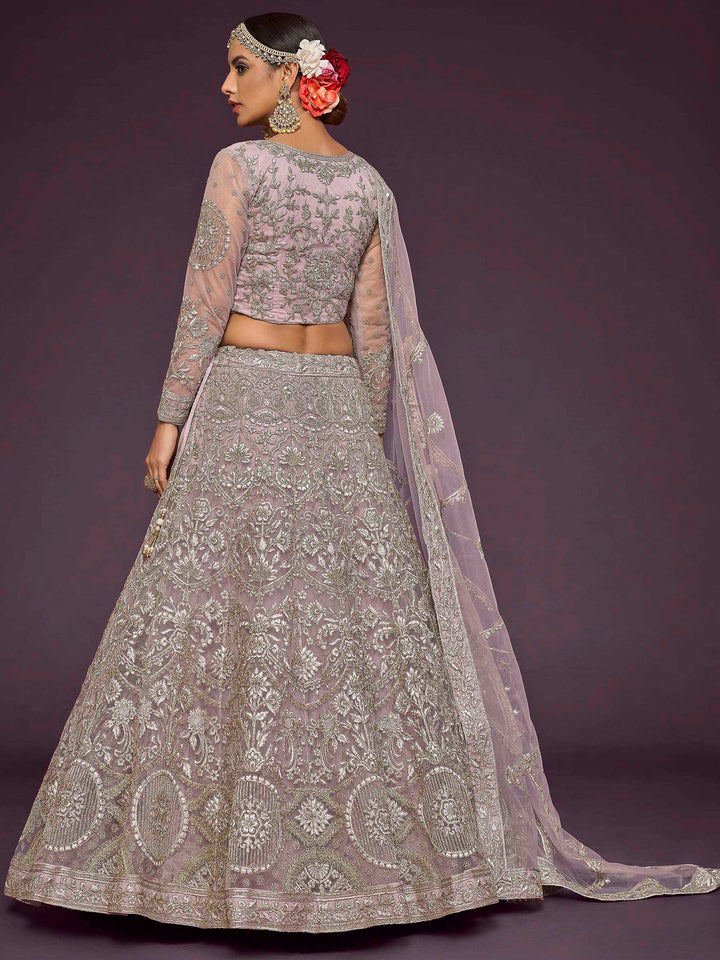 Lavender Net Embroidered Semi Stitched Lehenga Choli with Dupatta