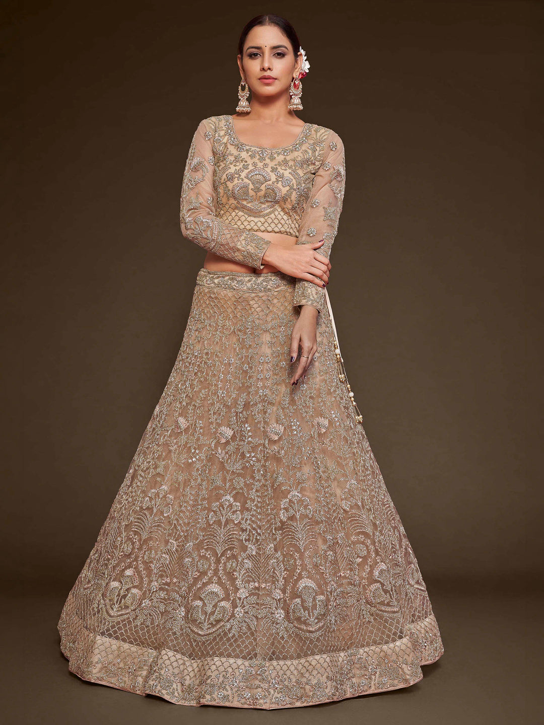 Beige Net Embroidered Semi Stitched Lehenga Choli with Dupatta