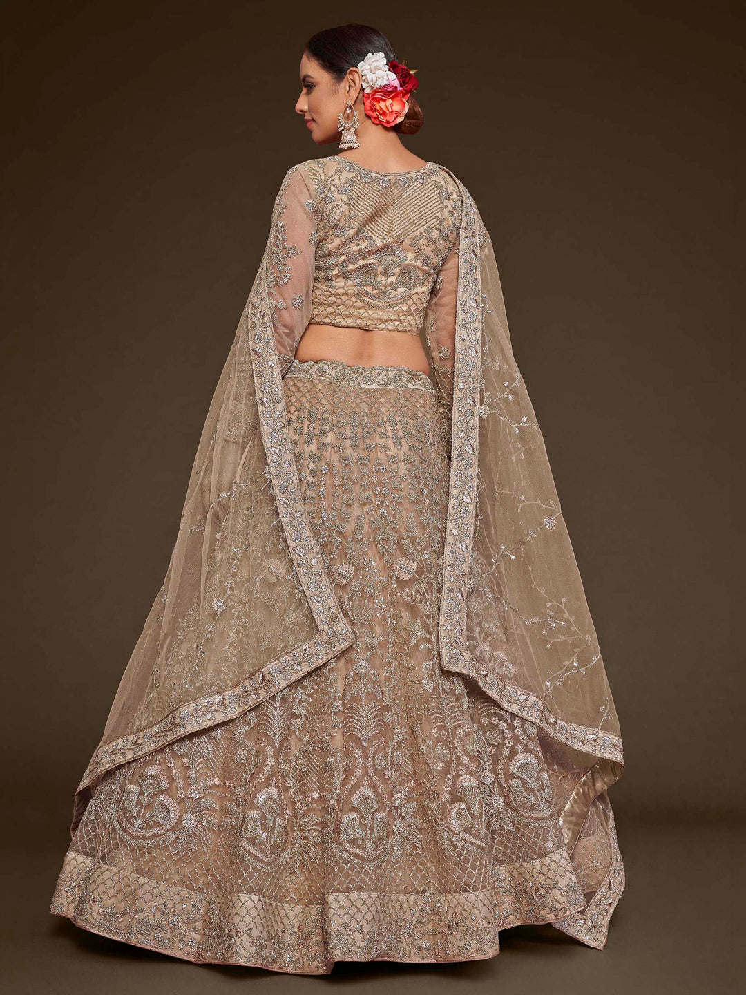 Beige Net Embroidered Semi Stitched Lehenga Choli with Dupatta
