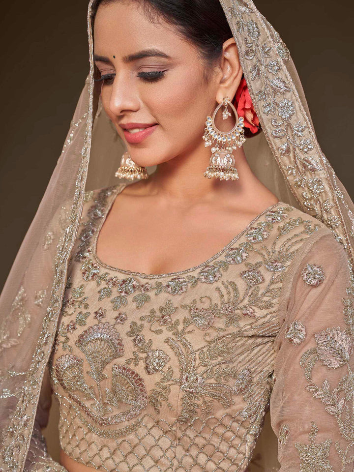 Beige Net Embroidered Semi Stitched Lehenga Choli with Dupatta