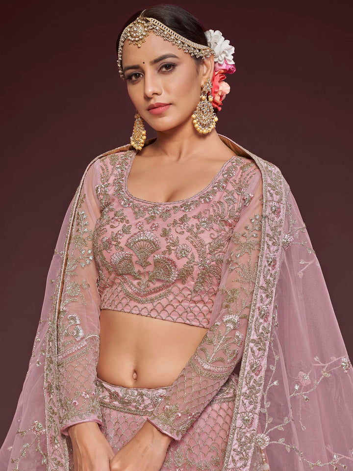 Pink Net Embroidered Semi Stitched Lehenga Choli with Dupatta
