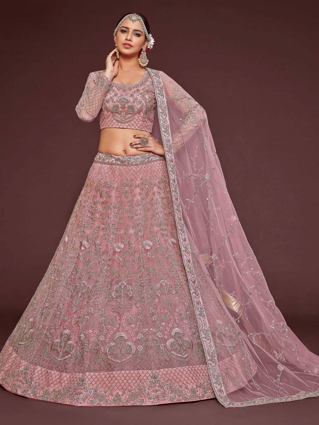 Pink Net Embroidered Semi Stitched Lehenga Choli with Dupatta