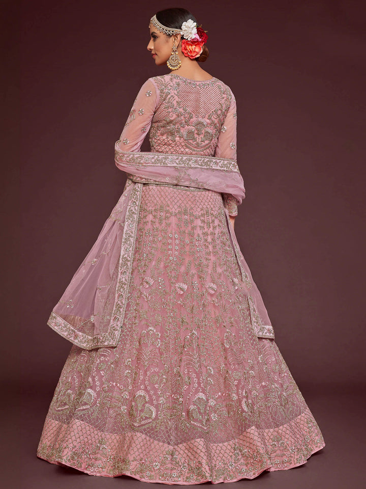 Pink Net Embroidered Semi Stitched Lehenga Choli with Dupatta