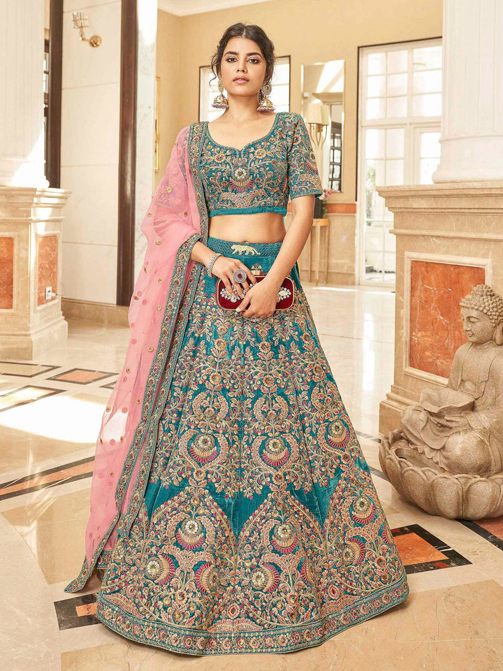Teal-Blue Velvet Embroidered Semi Stitched Lehenga Choli with Dupatta