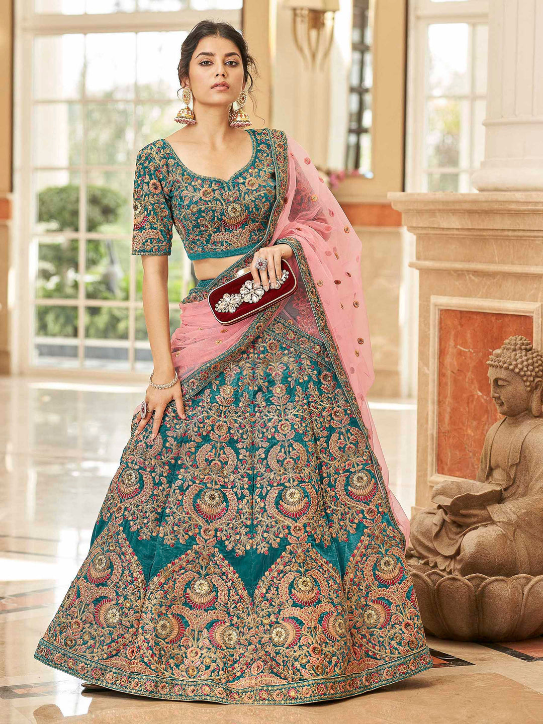 Teal-Blue Velvet Embroidered Semi Stitched Lehenga Choli with Dupatta