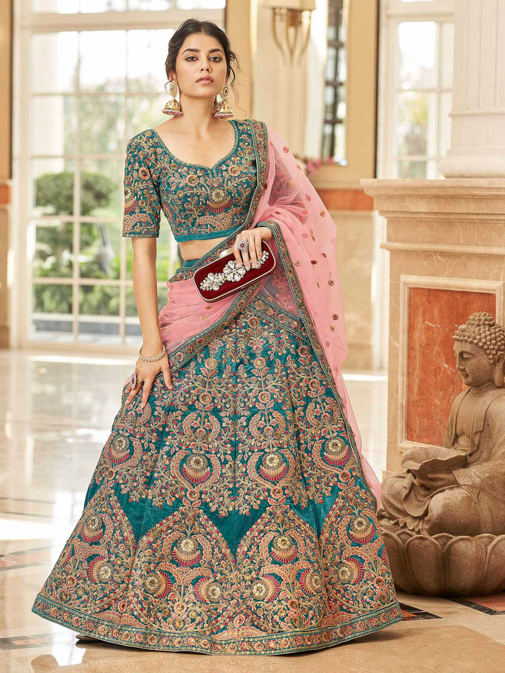 Teal-Blue Velvet Embroidered Semi Stitched Lehenga Choli with Dupatta