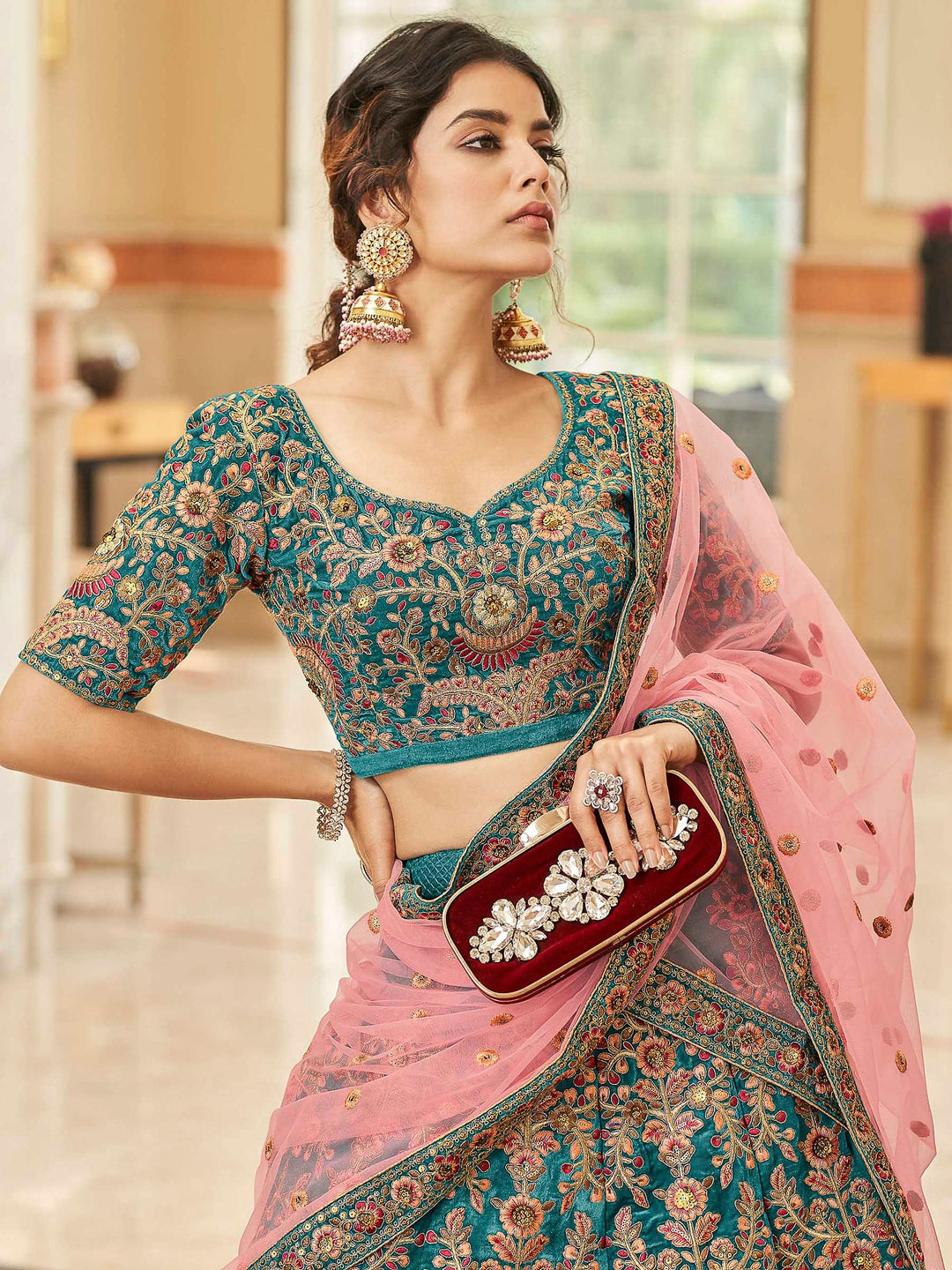 Teal-Blue Velvet Embroidered Semi Stitched Lehenga Choli with Dupatta