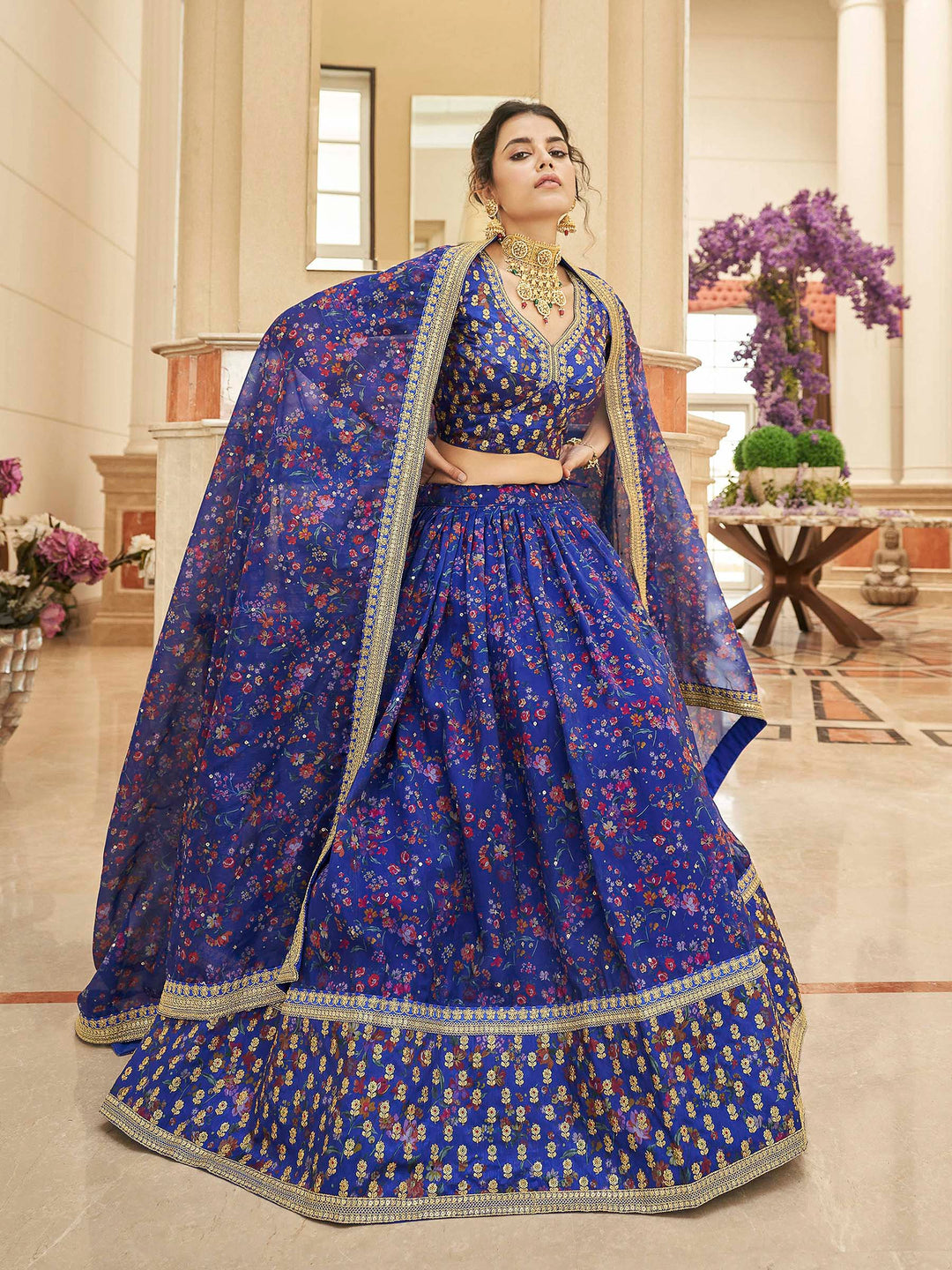 Blue Art Silk Embroidered Semi Stitched Lehenga Choli with Dupatta