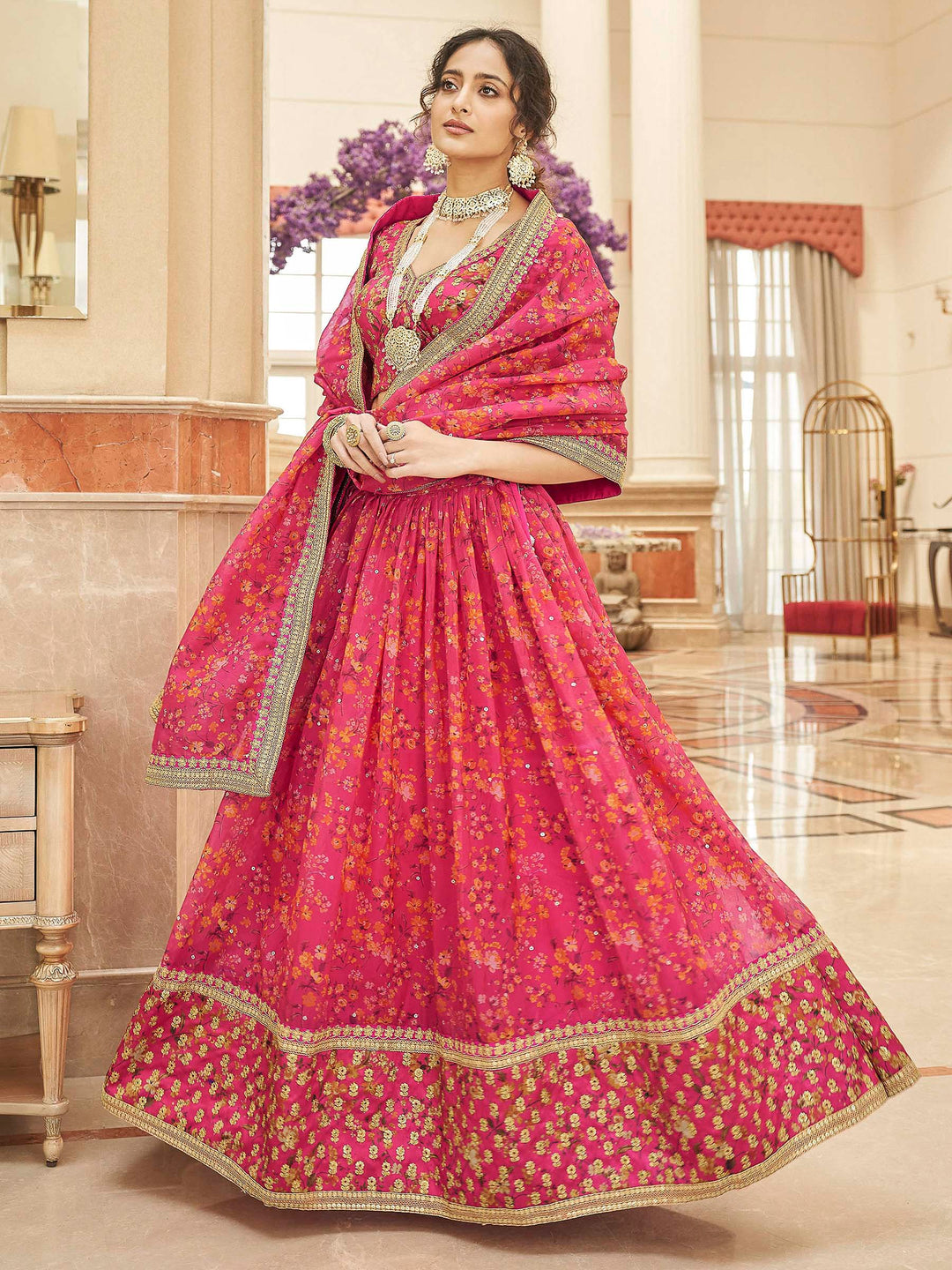 Pink Art Silk Embroidered Semi Stitched Lehenga Choli with Dupatta