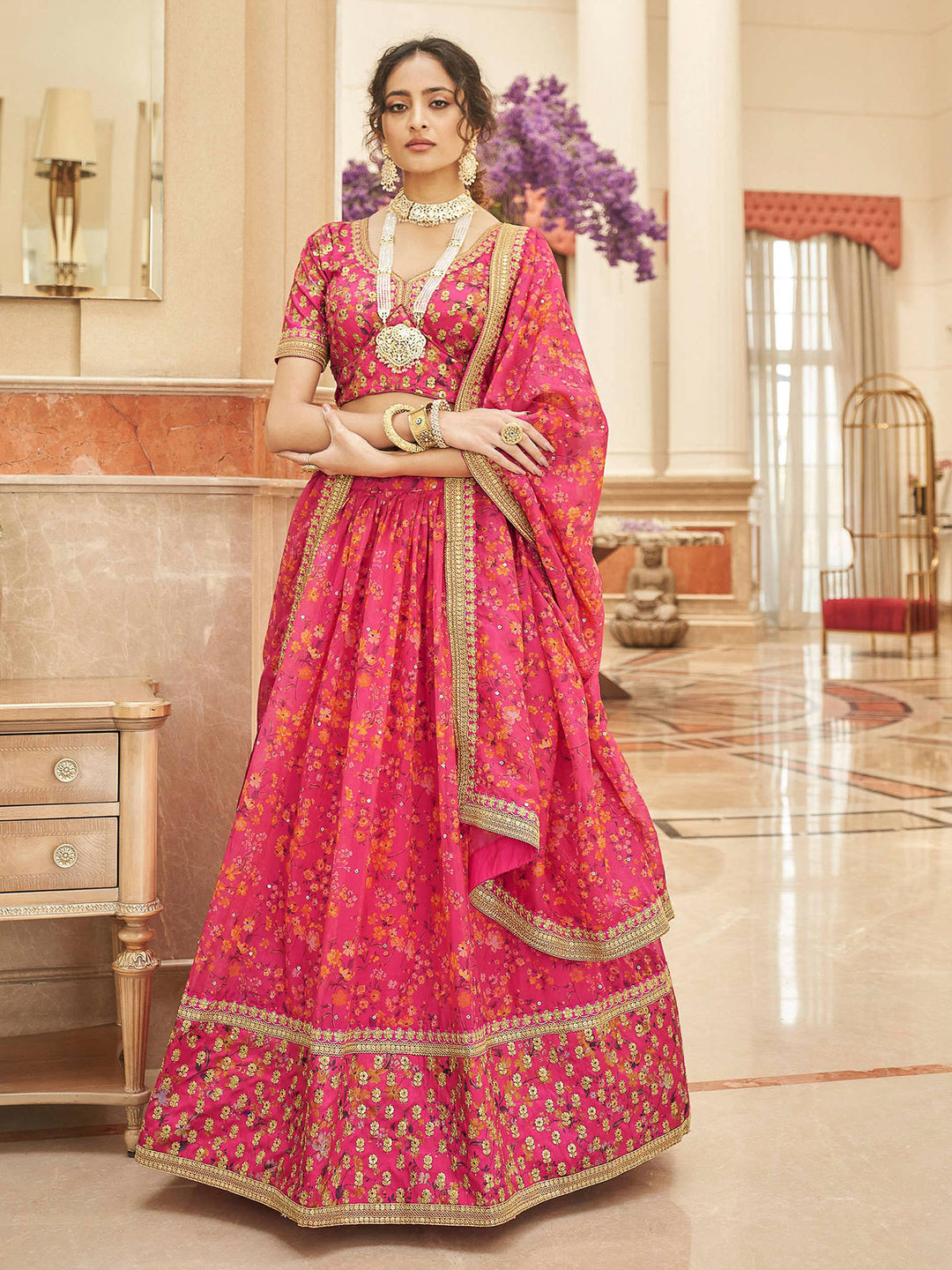 Pink Art Silk Embroidered Semi Stitched Lehenga Choli with Dupatta