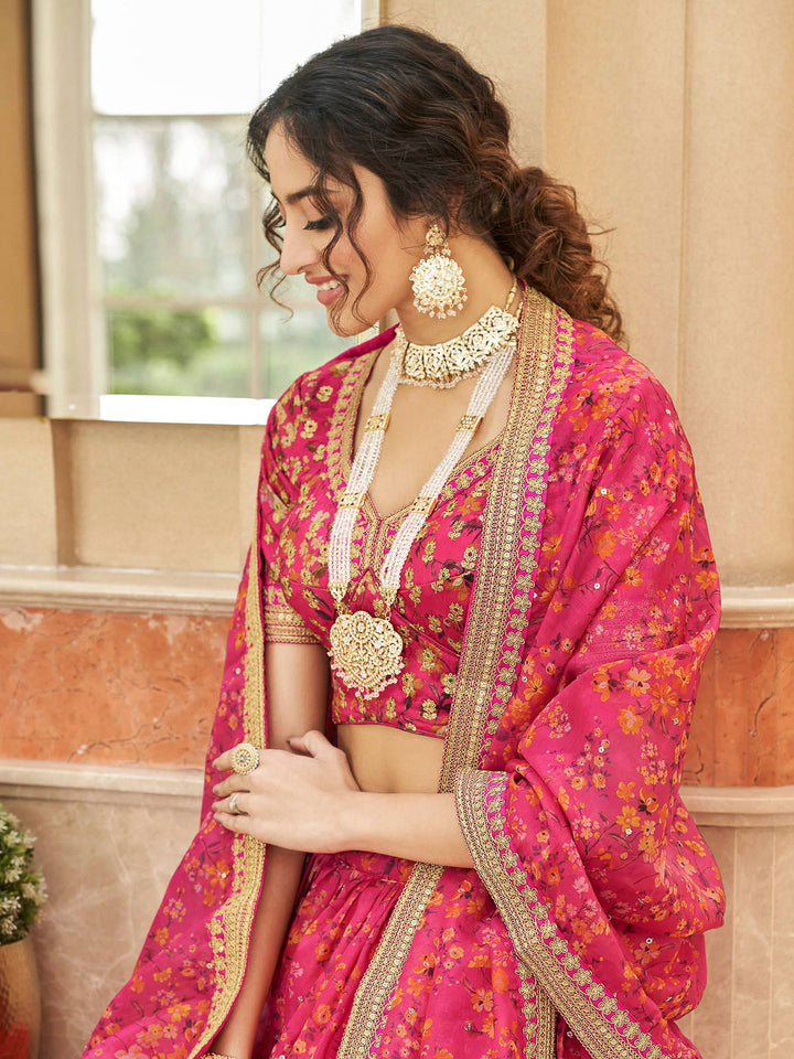 Pink Art Silk Embroidered Semi Stitched Lehenga Choli with Dupatta
