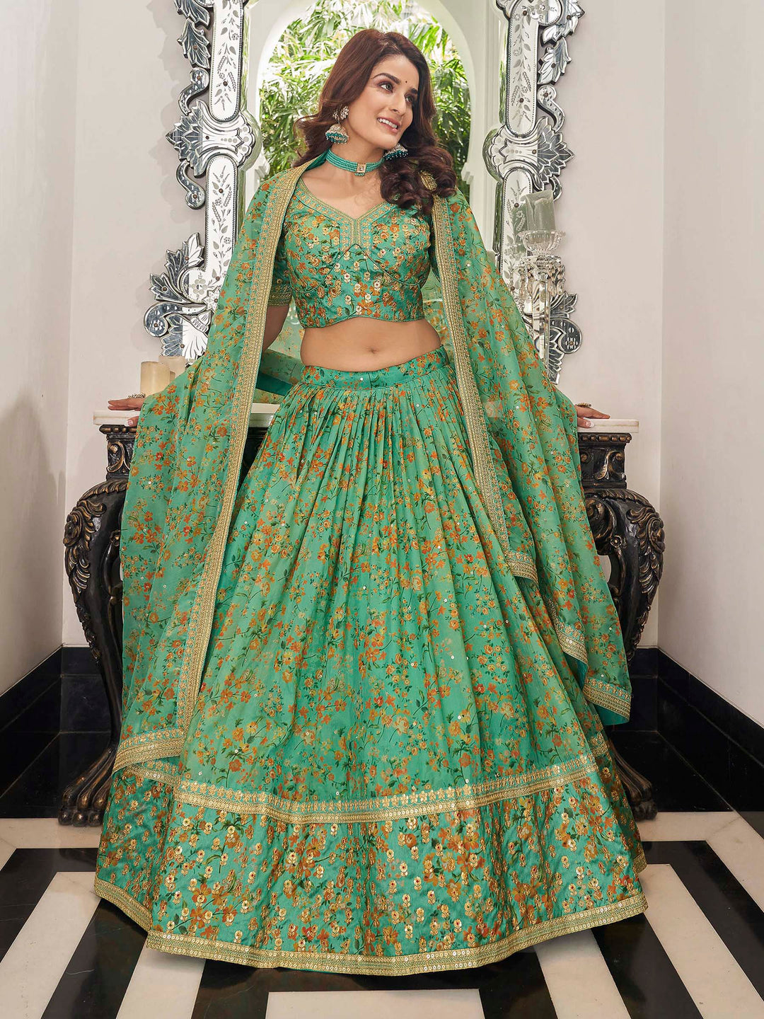 Pista-Green Art Silk Embroidered Semi Stitched Lehenga Choli with Dupatta