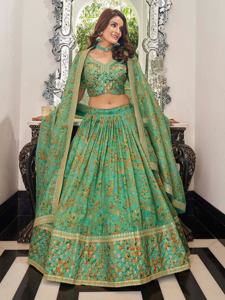 Pista-Green Art Silk Embroidered Semi Stitched Lehenga Choli with Dupatta