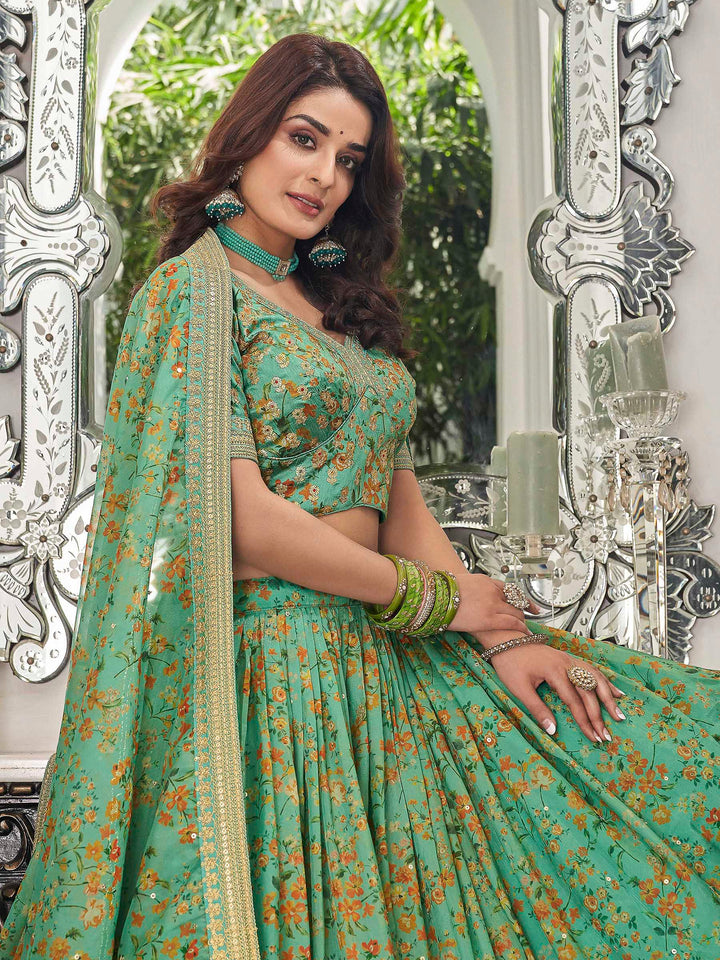 Pista-Green Art Silk Embroidered Semi Stitched Lehenga Choli with Dupatta