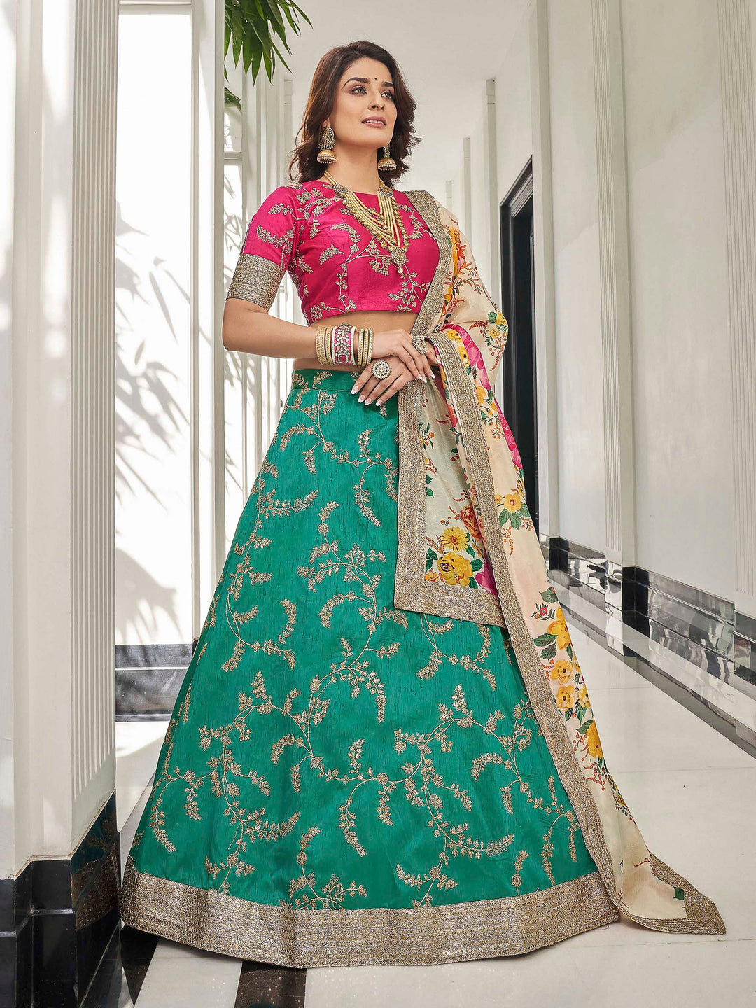 Pink-Multi Art Silk Embroidered Semi Stitched Lehenga Choli with Dupatta