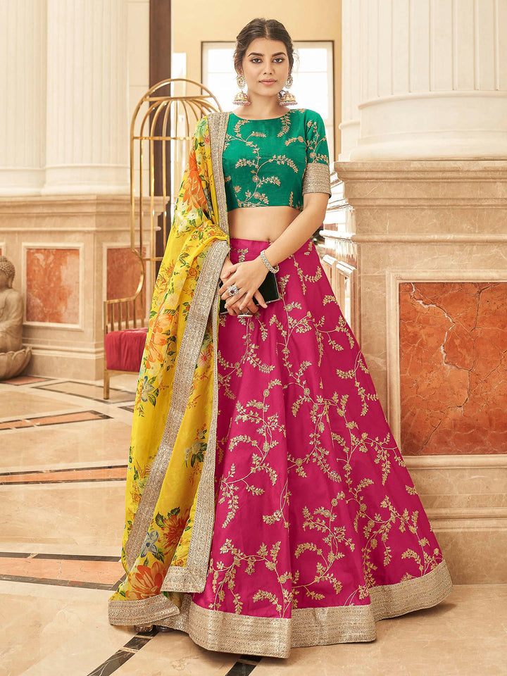 Green-Yellow Art Silk Embroidered Semi Stitched Lehenga Choli with Dupatta