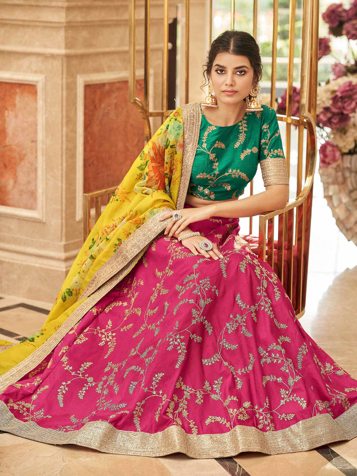 Green-Yellow Art Silk Embroidered Semi Stitched Lehenga Choli with Dupatta