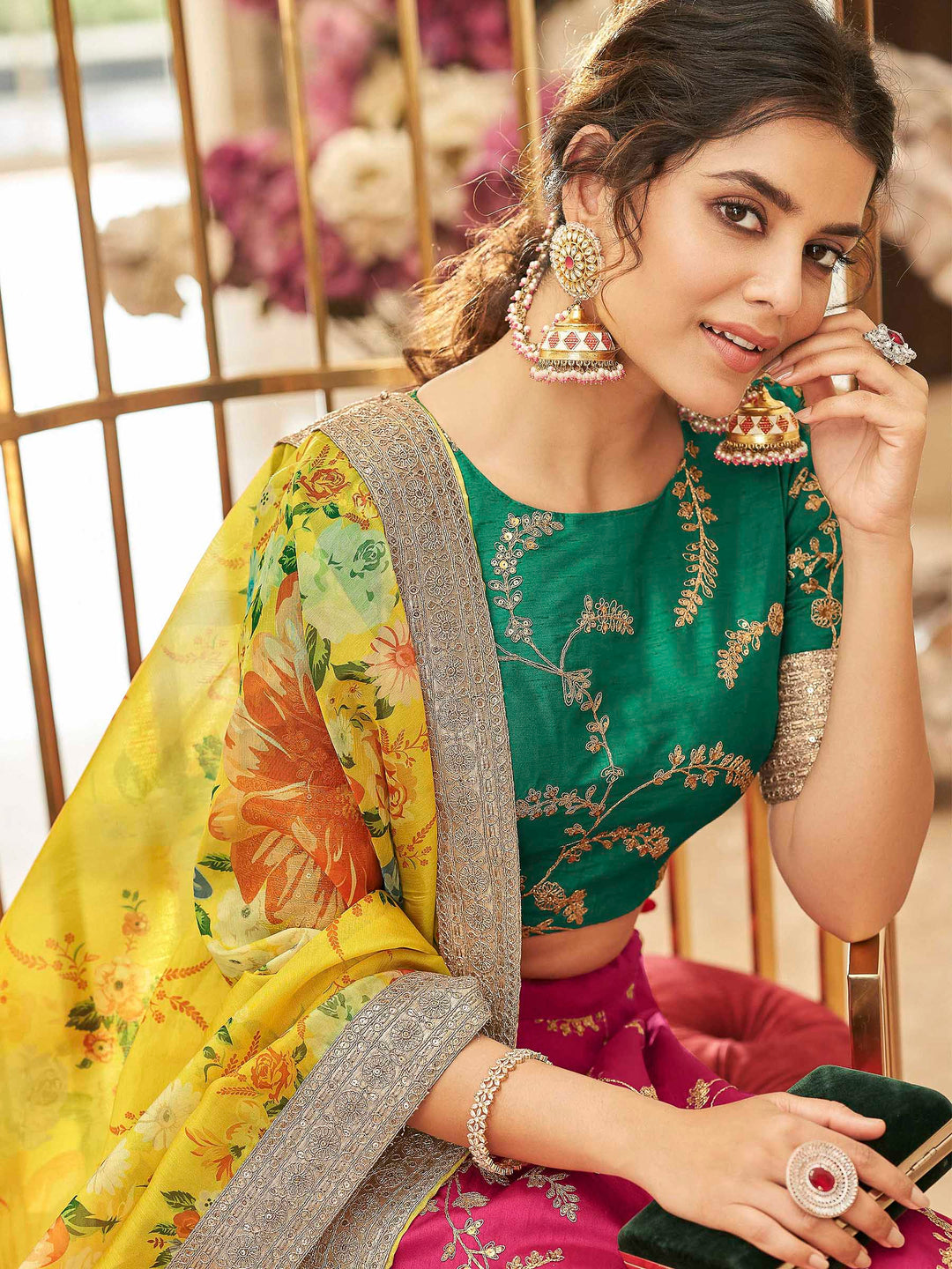 Green-Yellow Art Silk Embroidered Semi Stitched Lehenga Choli with Dupatta