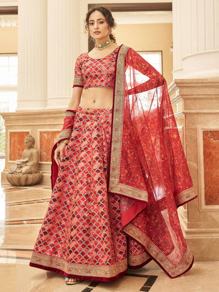 Red Art Silk Embroidered Semi Stitched Lehenga Choli with Dupatta