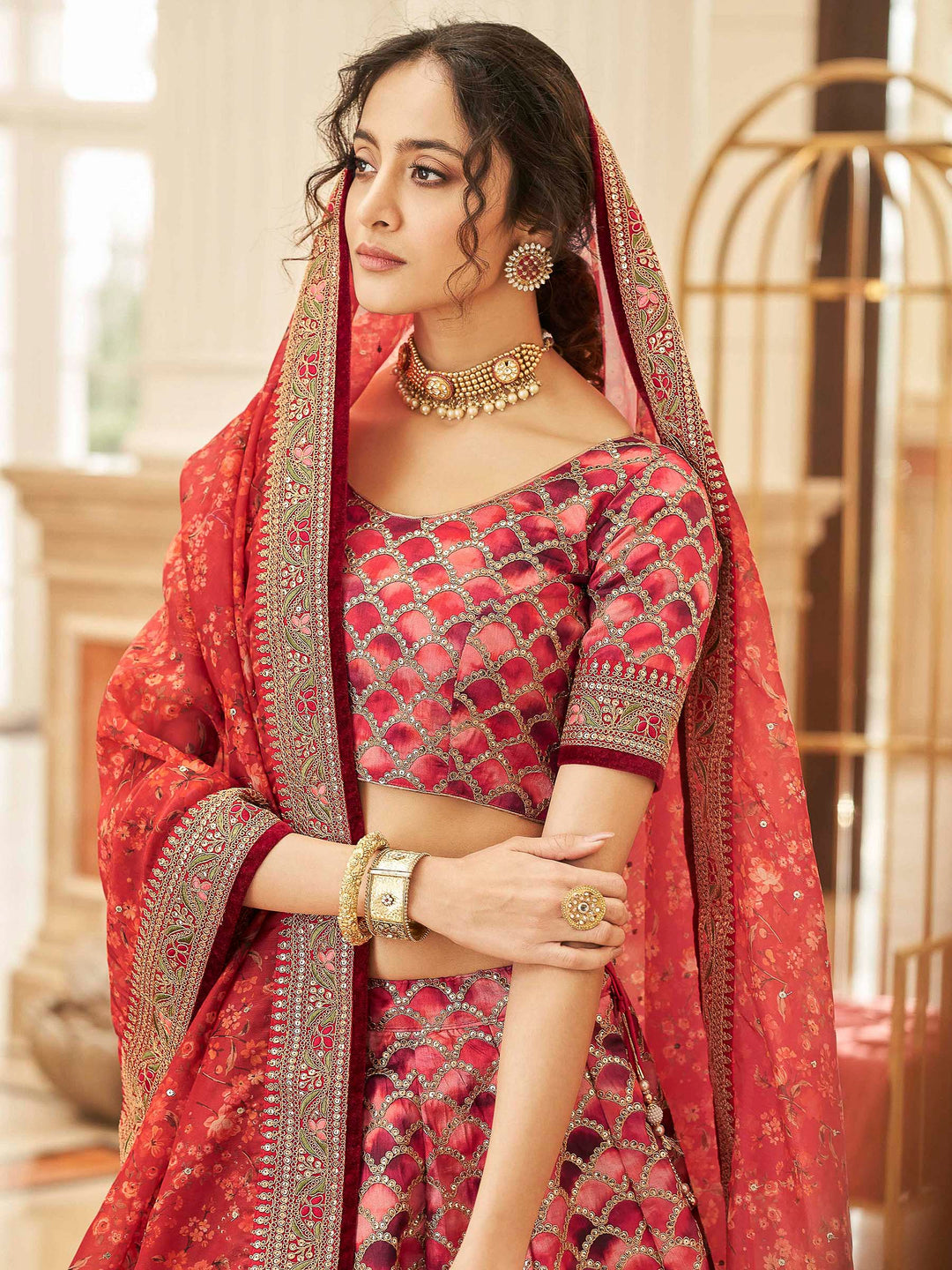 Red Art Silk Embroidered Semi Stitched Lehenga Choli with Dupatta