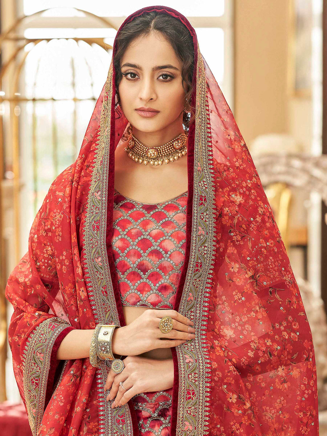 Red Art Silk Embroidered Semi Stitched Lehenga Choli with Dupatta