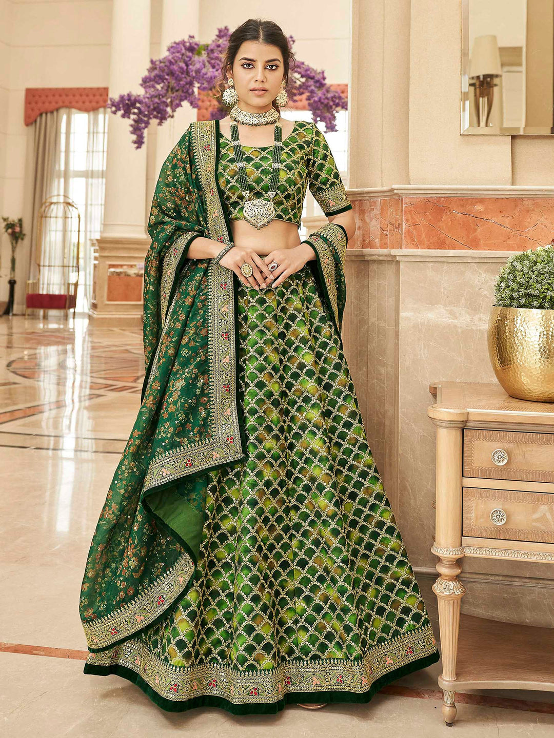 Green Art Silk Embroidered Semi Stitched Lehenga Choli with Dupatta