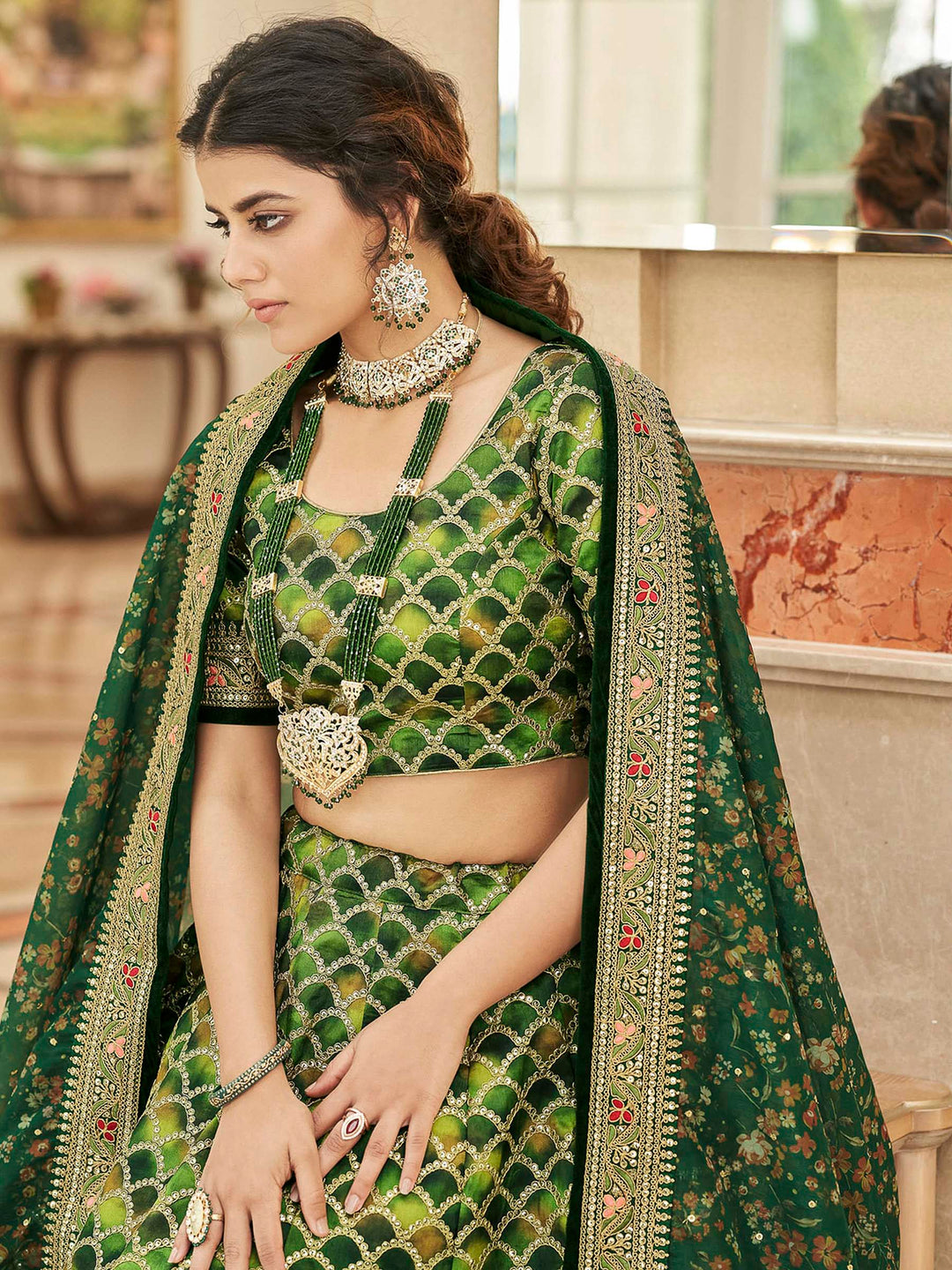 Green Art Silk Embroidered Semi Stitched Lehenga Choli with Dupatta