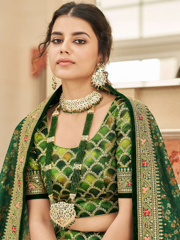 Green Art Silk Embroidered Semi Stitched Lehenga Choli with Dupatta
