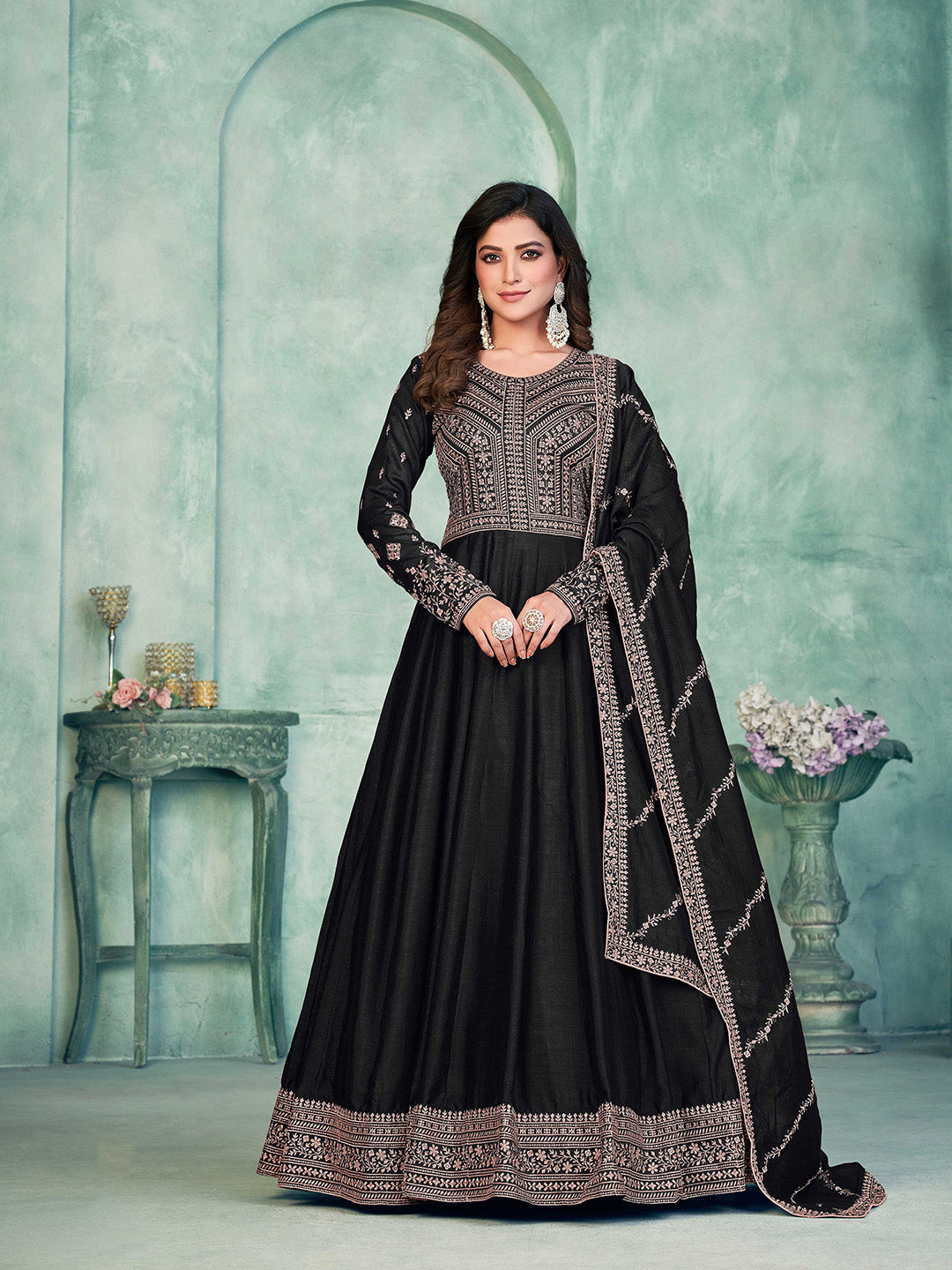 Black Embroidered Art Silk Semi Stitched Kurta With Churidar Pajami &amp; Dupatta