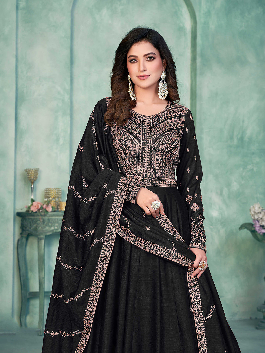 Black Embroidered Art Silk Semi Stitched Kurta With Churidar Pajami &amp; Dupatta