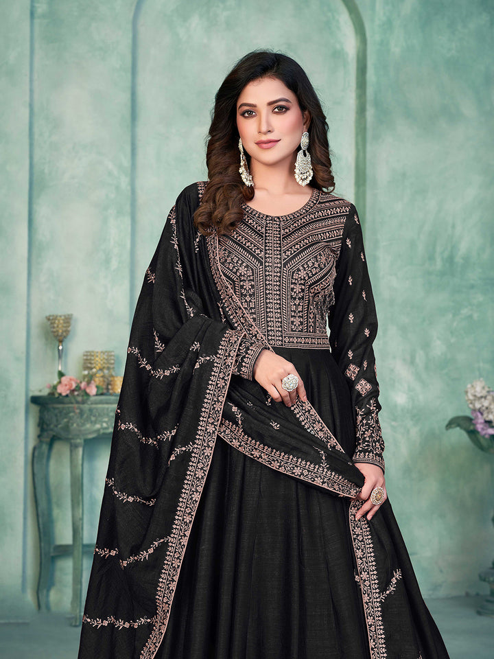 Black Embroidered Art Silk Semi Stitched Kurta With Churidar Pajami &amp; Dupatta
