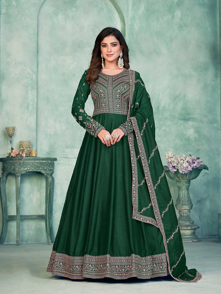 Green Embroidered Art Silk Semi Stitched Kurta With Churidar Pajami &amp; Dupatta