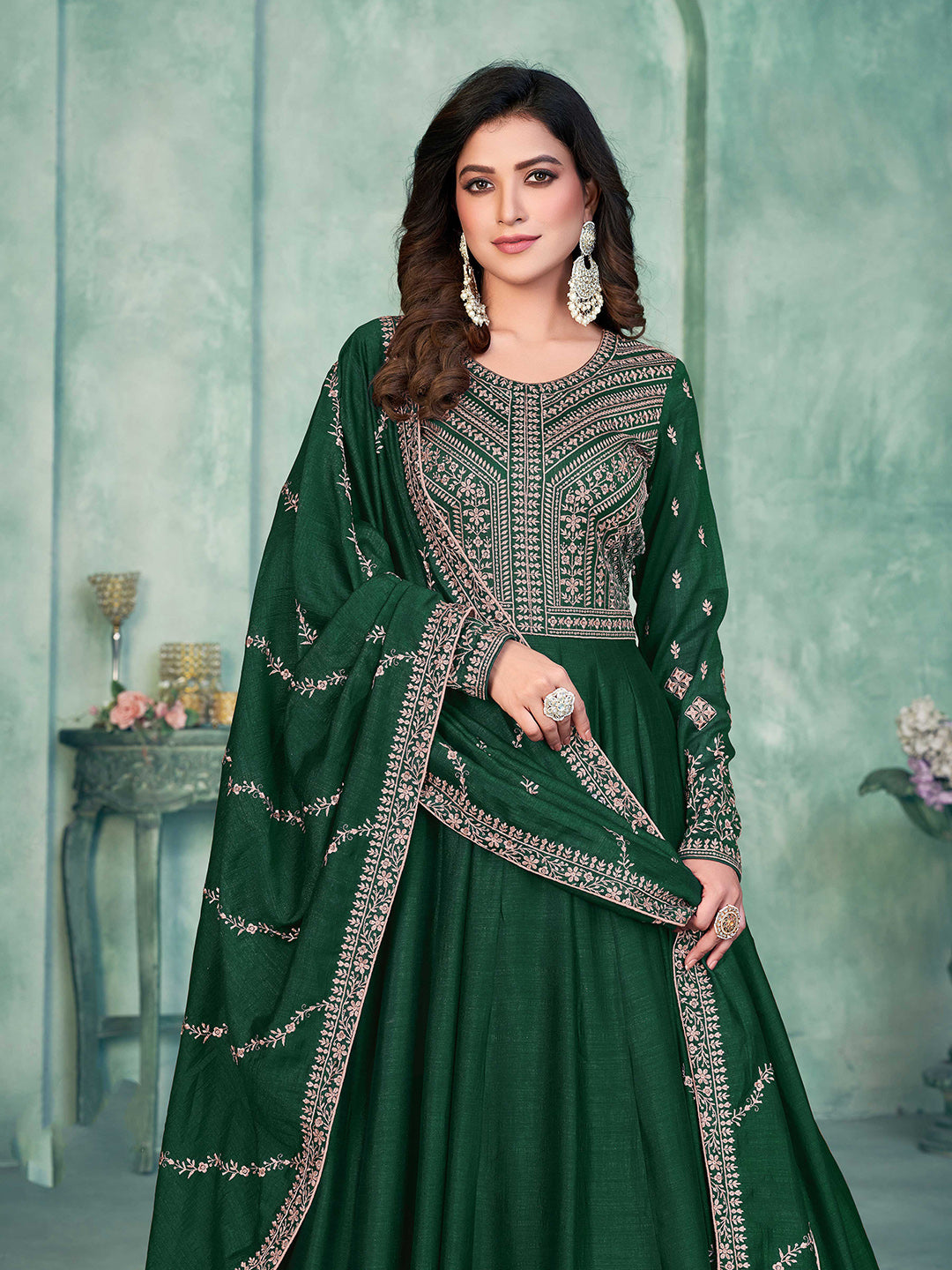 Green Embroidered Art Silk Semi Stitched Kurta With Churidar Pajami &amp; Dupatta