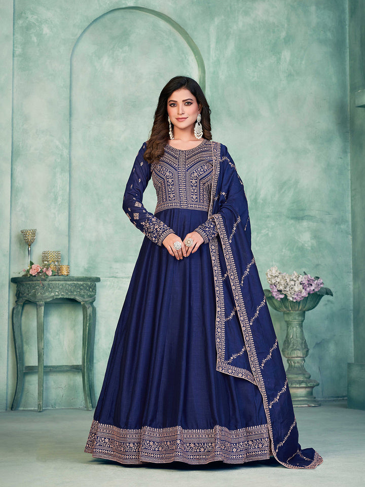 Blue Embroidered Art Silk Semi Stitched Kurta With Churidar Pajami &amp; Dupatta
