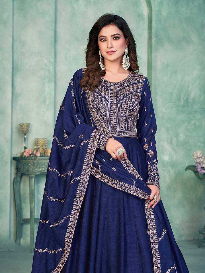 Blue Embroidered Art Silk Semi Stitched Kurta With Churidar Pajami &amp; Dupatta