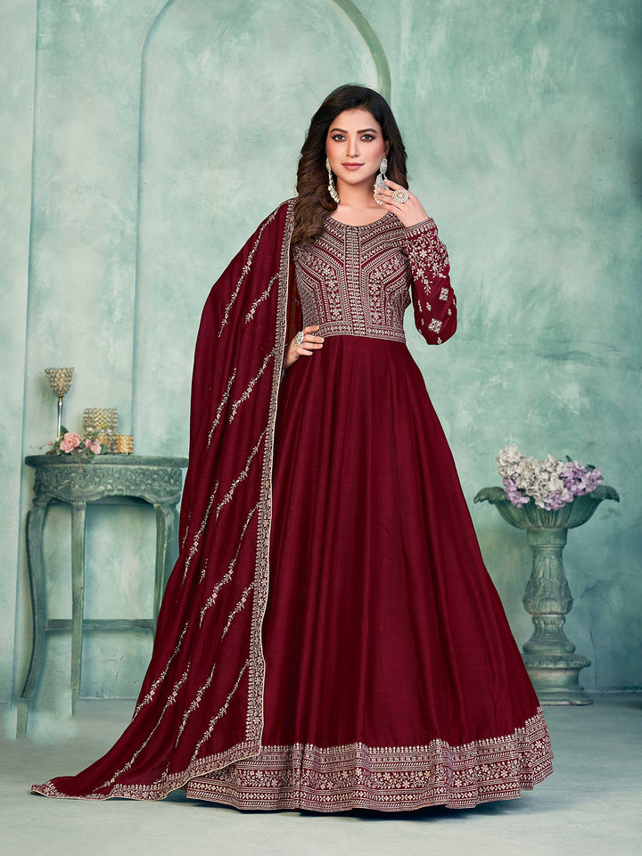 Maroon Embroidered Art Silk Semi Stitched Kurta With Churidar Pajami &amp; Dupatta